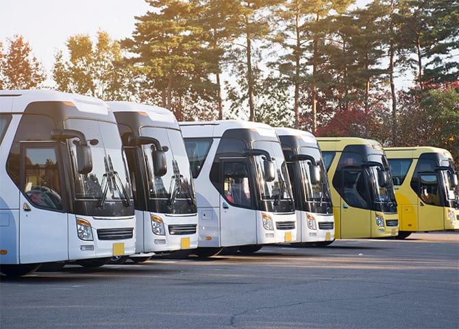 A fleet of buses, parked in a line.