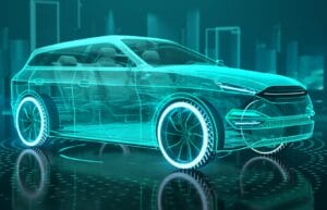 Augmented reality of wireframe car concept on the road and futuristic city on the background. SUV car in front side view. Professional 3d rendering of own designed generic non existing car model.