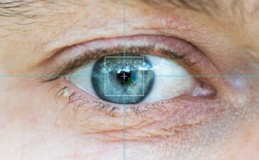 Close-up of a human eye with an eye-tracking overlay, demonstrating precision gaze detection technology.
