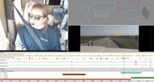 A driver wearing a Smart Eye shirt in a vehicle equipped with eye-tracking technology, displaying gaze analysis and emotional response data for driving research.