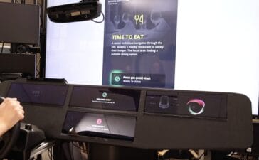 A driving simulator interface showing a dining scenario, used to evaluate driver behavior and intent through advanced in-cabin sensing technologies.