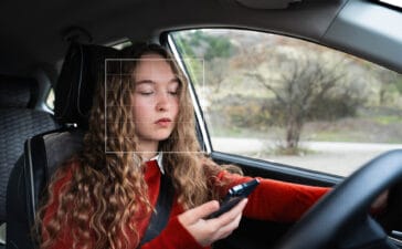 A young woman looking at a mobile phone while driving a car. A female driver in the driver's seat uses a cell phone in the auto. Girl using navigation on her smartphone. Car travel, technology.