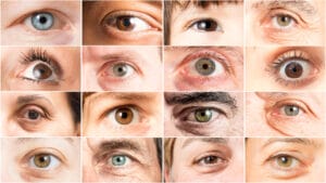 Close-up collage of diverse human eyes highlighting variation in eye shape, age, and iris color—demonstrating why inclusive sampling is crucial in eye tracking research.