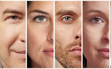Eight split-face portraits showing men and women of varying ethnicities and eye colors, emphasizing the importance of participant diversity in eye tracking data accuracy.
